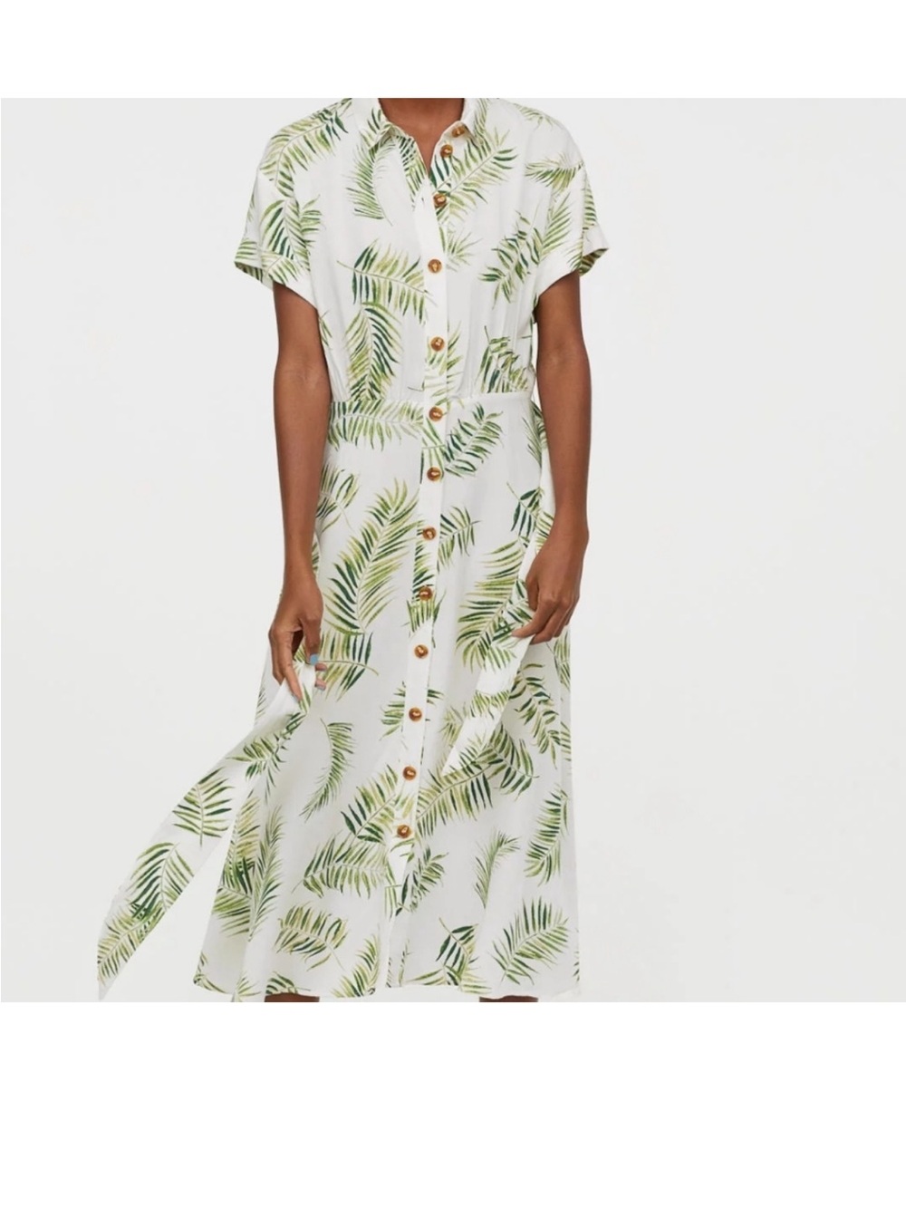H&M Button-Front Midi Dress with Green Palm Print - White/Green